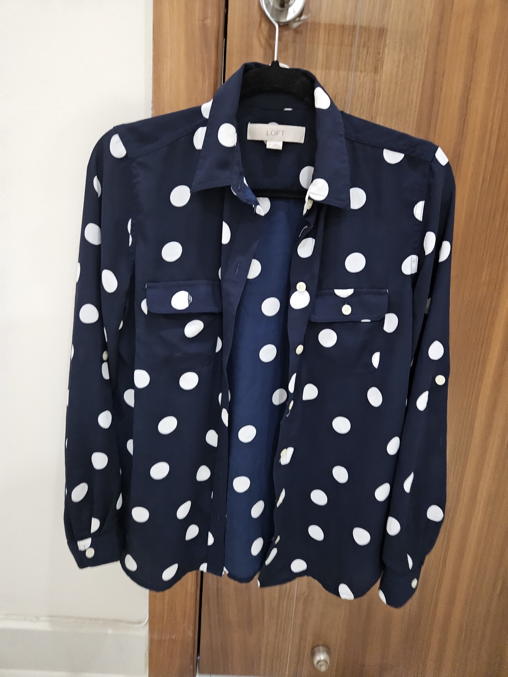 LOFT Navy Polka Dot Long-Sleeve Button-Down Shirt